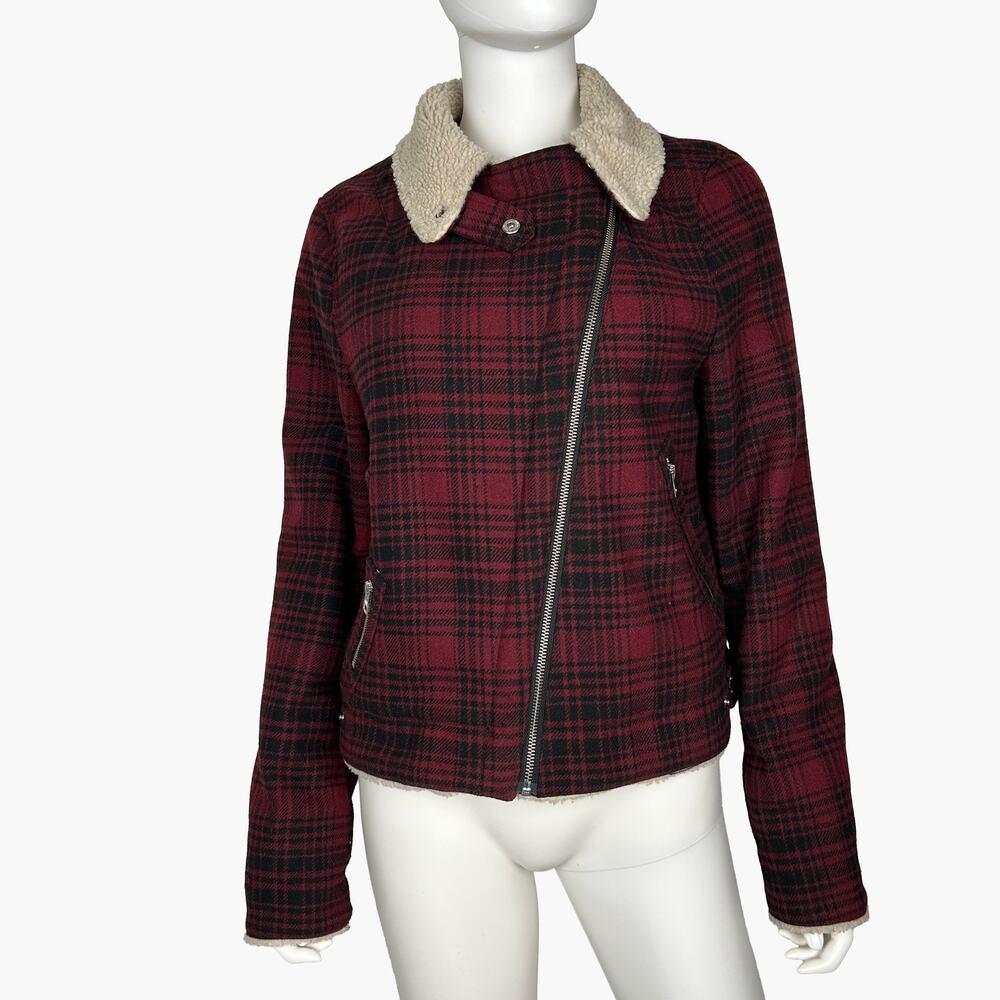 AEO Women’s Wool Flannel Sherpa Moto Jacket (Dark Red | Size S) - Picture 2 of 8